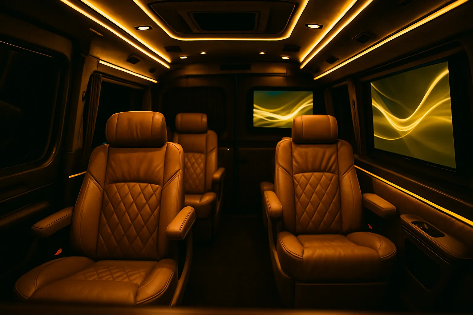 Interior of a luxury Mercedes Sprinter van at night showing leather seats, glowing flat screens, and ambient mood lighting